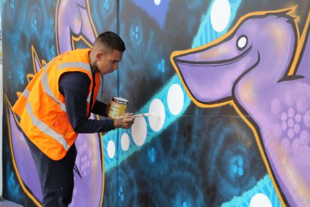 Shane Cook, Ngarrindjeri Ngatji (in progress), 2020, Ray White wall, Seventh Seventh Street, Murray Bridge